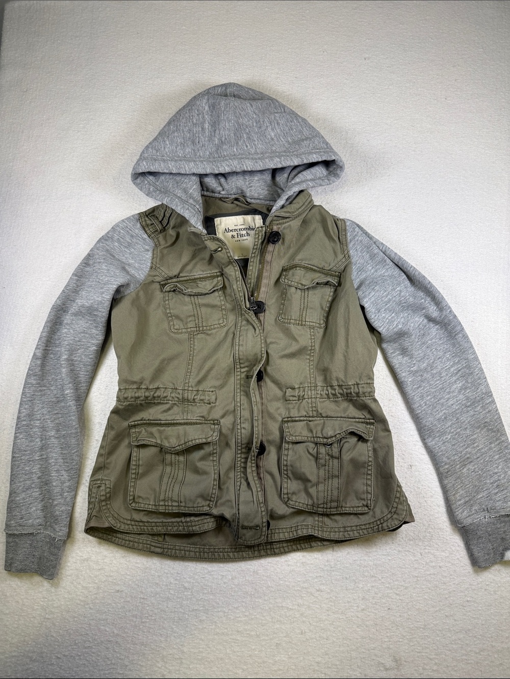 Abercrombie & Fitch Olive Green Utility Jacket with Gray Hooded Sleeves